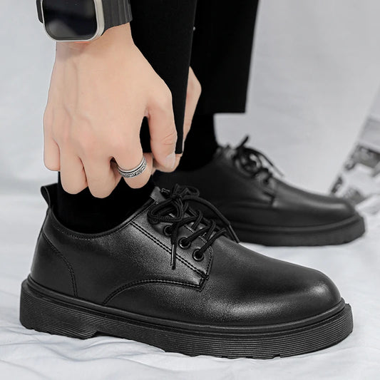 Fashion Black Men Leather Shoes 2024 Spring Low-top Platform Work Shoes for Men Sneakers Hot Selling Walking Non-slip Men Shoes